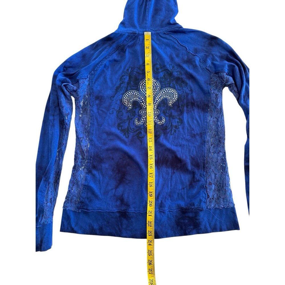 Cowgirl Legend Distressed Lace Hoodie Zip Jacket Womens Large Blue Lightweight - Picture 13 of 16